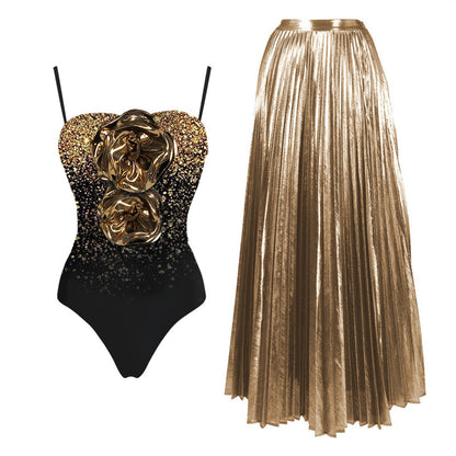 🎀 Maillot de bain 2 pièces avec jupe – Nœud 3D & style vintage