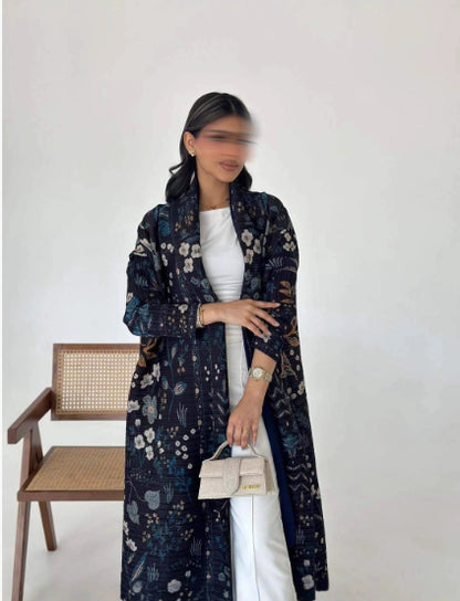 Robe-cardigan plissée imprimée – élégance artistique (abaya)
