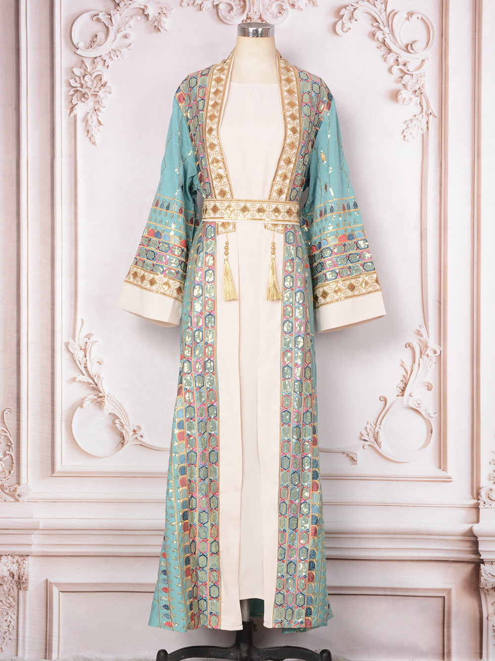 ✨ Robe-cardigan (abaya) de soirée à sequins et franges – éclat et glamour