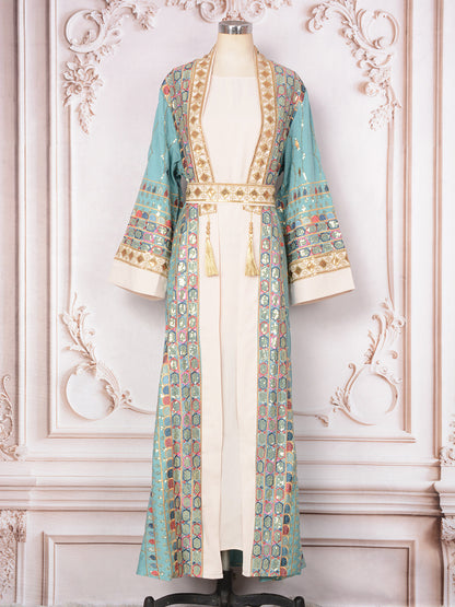 ✨ Robe-cardigan (abaya) de soirée à sequins et franges – éclat et glamour