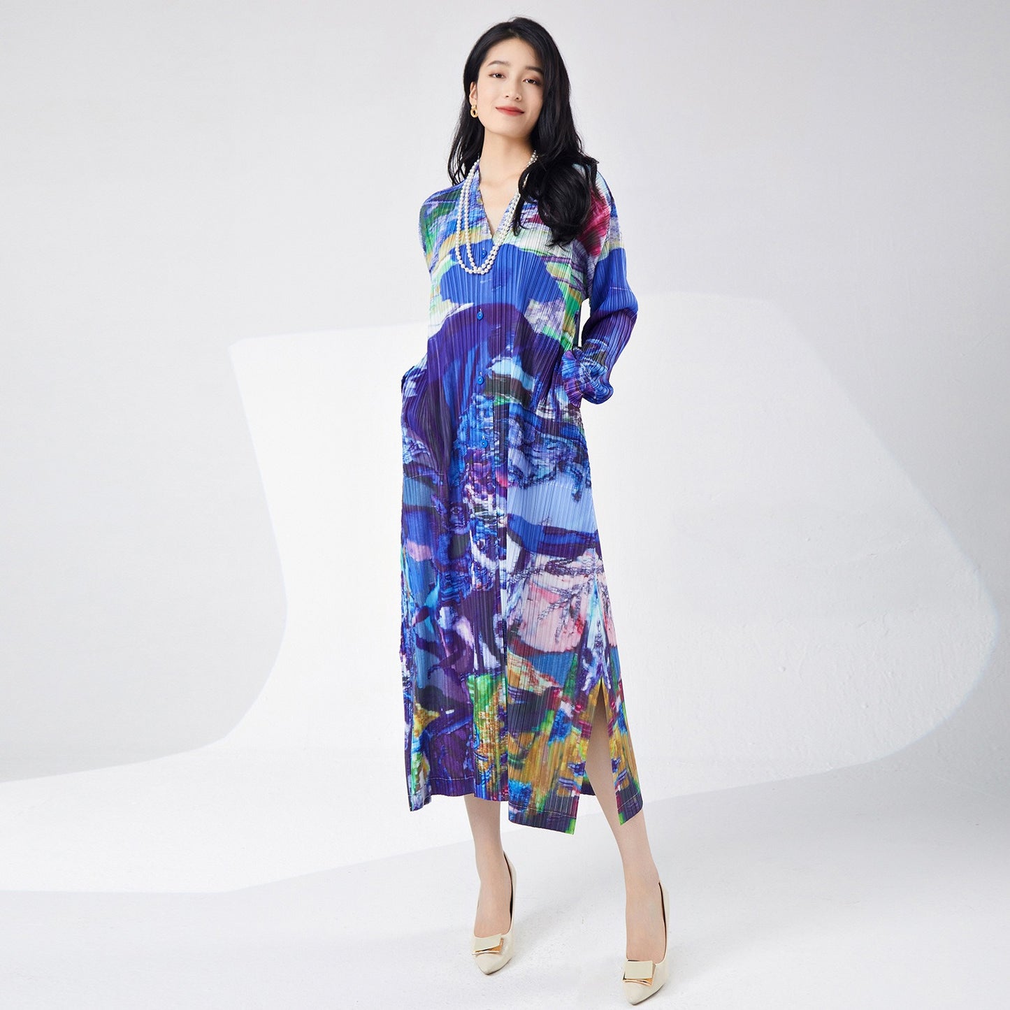 🌸 Robe midi imprimée – Élégance fluide & style raffiné