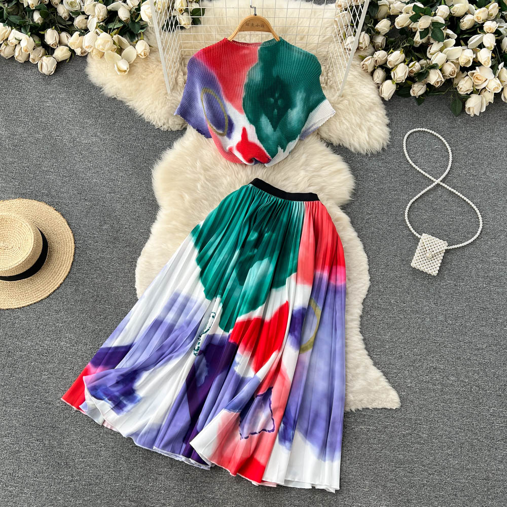 🌈 Ensemble été 2 pièces – T-shirt & jupe plissée tie-dye