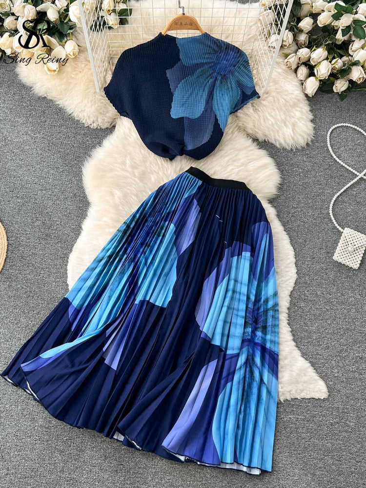🌈 Ensemble été 2 pièces – T-shirt & jupe plissée tie-dye