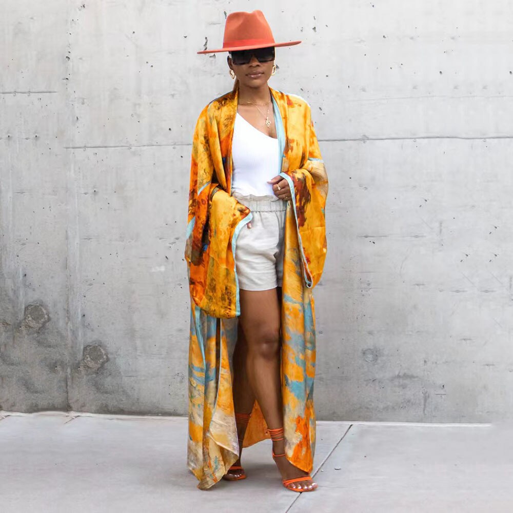 🌞 Kimono de plage long – Style bohème & imprimé doré