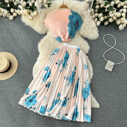 🌈 Ensemble été 2 pièces – T-shirt & jupe plissée tie-dye