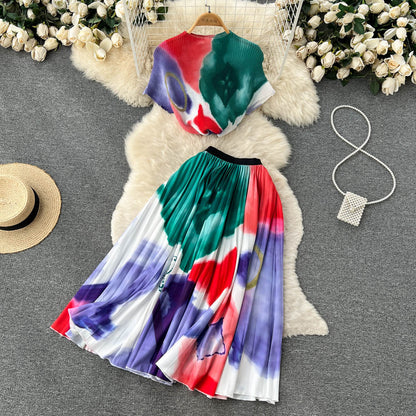 🌈 Ensemble été 2 pièces – T-shirt & jupe plissée tie-dye