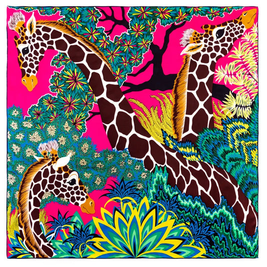 🧣 Foulard carré effet soie – Motif girafes & élégance intemporelle