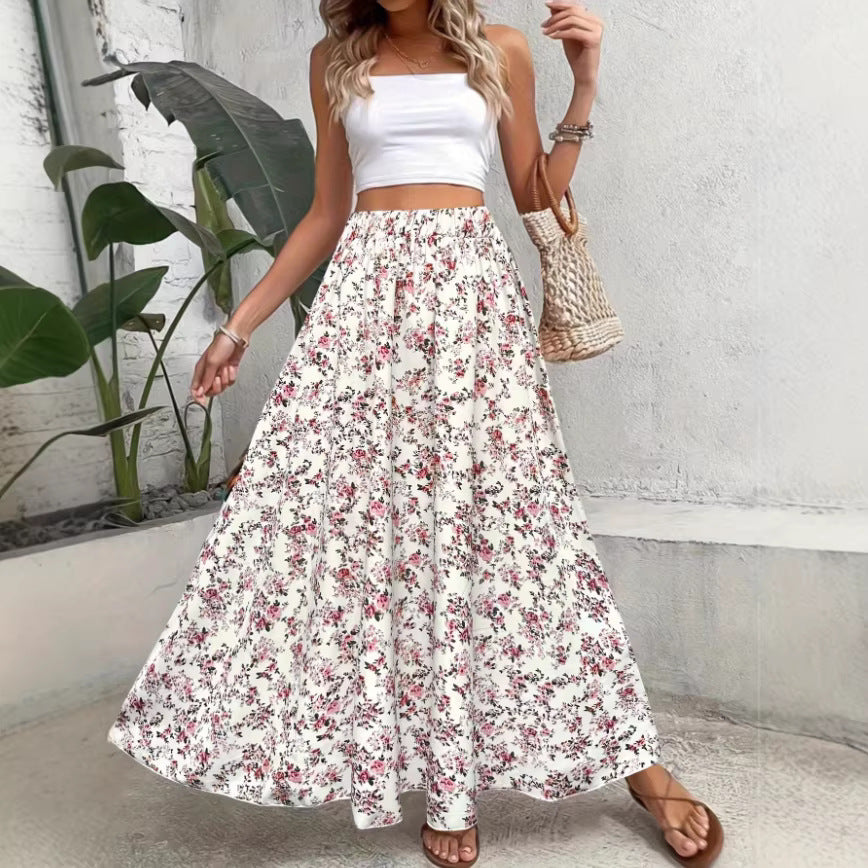 Jupe longue d'été fluide et légère à imprimé floral bohème, cintrée à la taille
