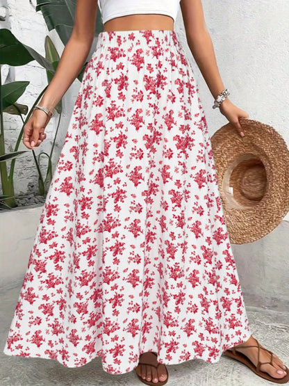 Jupe longue d'été fluide et légère à imprimé floral bohème, cintrée à la taille