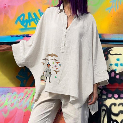 Chemise cardigan oversize en coton et lin – style rétro artistique