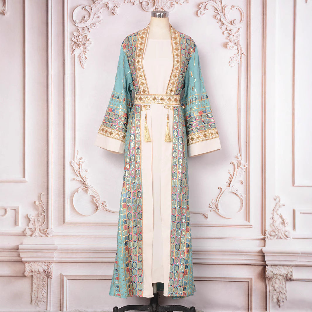 ✨ Robe-cardigan (abaya) de soirée à sequins et franges – éclat et glamour