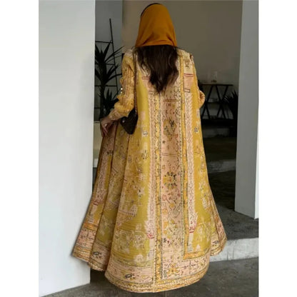 Robe-cardigan plissée imprimée – élégance artistique (abaya)
