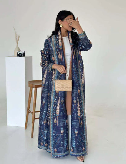 Robe-cardigan plissée imprimée – élégance artistique (abaya)