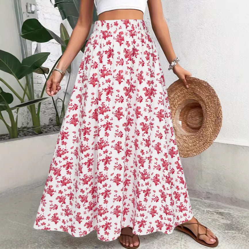 Jupe longue d'été fluide et légère à imprimé floral bohème, cintrée à la taille
