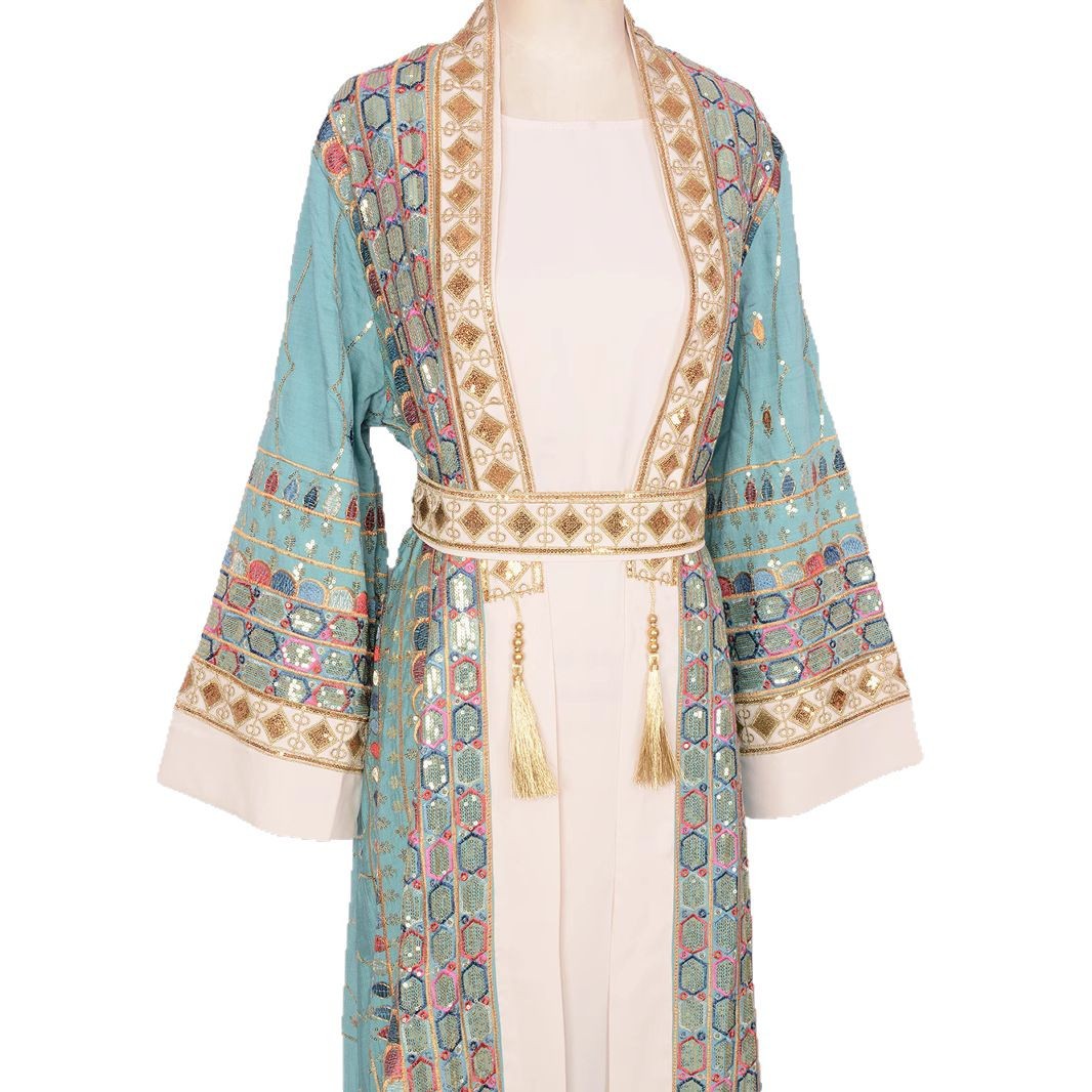 ✨ Robe-cardigan (abaya) de soirée à sequins et franges – éclat et glamour
