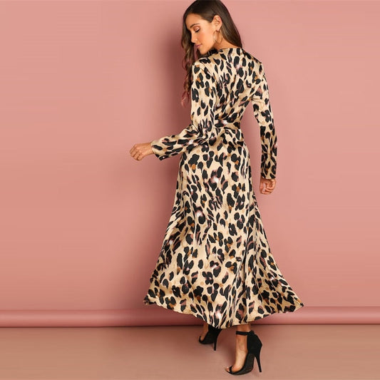 Multicolor Surplice Wrap Satin Leopard Deep V Neck  Half Sleeve Dress Elegant Women Autumn Modern Lady Dresses-0