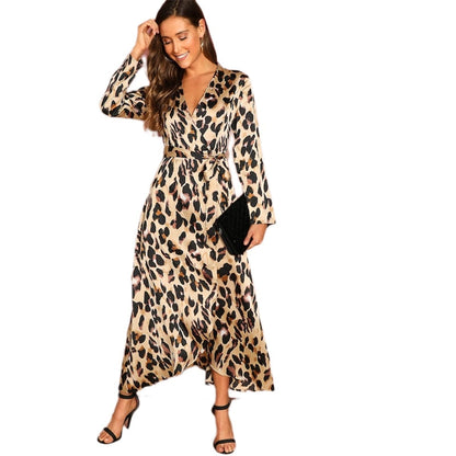 Multicolor Surplice Wrap Satin Leopard Deep V Neck  Half Sleeve Dress Elegant Women Autumn Modern Lady Dresses-1