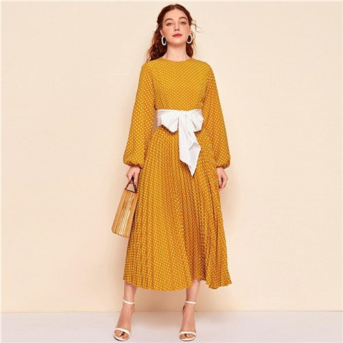 Abaya Blue Lantern Sleeve Polka Dot Pleated Dress With Belt Women Spring A Line Elegant High Waist Long Dresses-5
